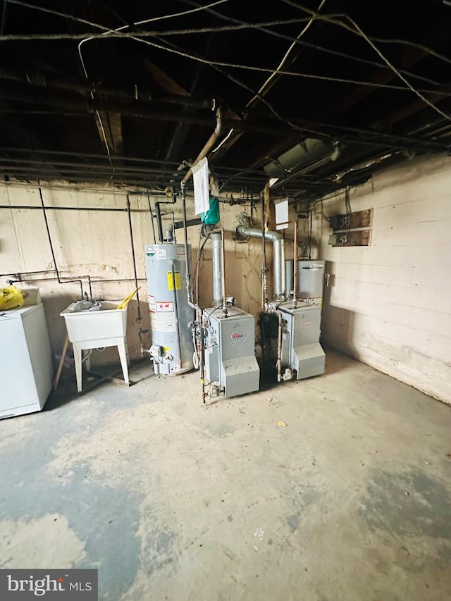 basement with sink and gas water heater