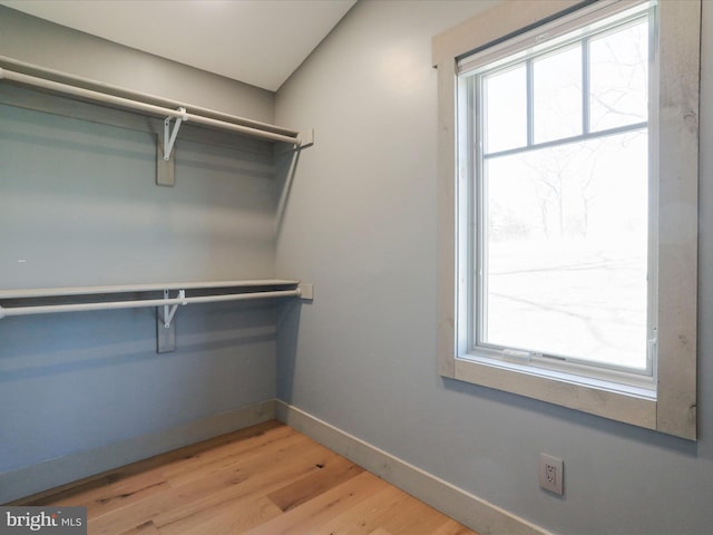 walk in closet with light wood finished floors