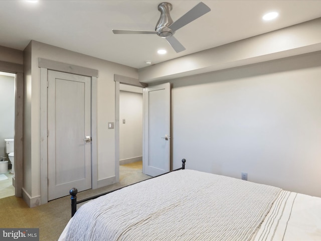 bedroom with recessed lighting, light carpet, ceiling fan, and baseboards