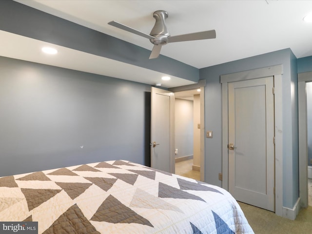 bedroom with recessed lighting, ceiling fan, and light colored carpet