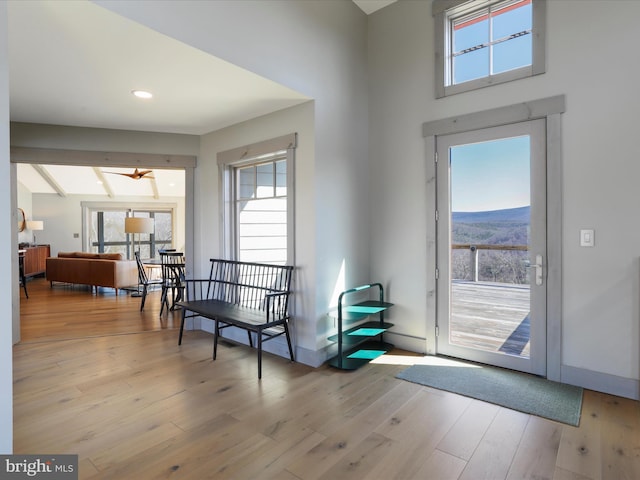 doorway with baseboards and hardwood / wood-style flooring