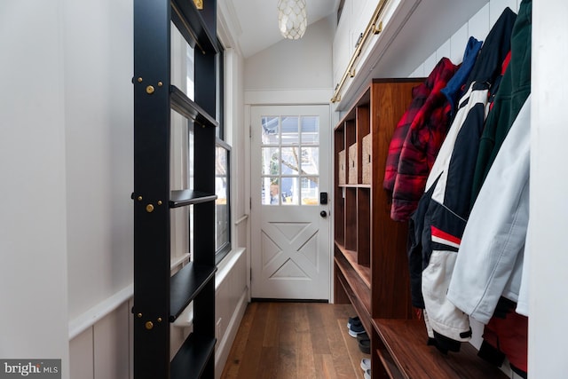 mudroom with vaulted ceiling and dark wood-style flooring