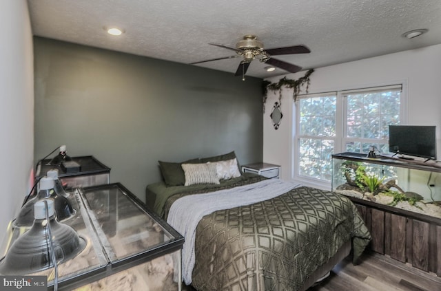 bedroom with ceiling fan, hardwood / wood-style flooring, and a textured ceiling