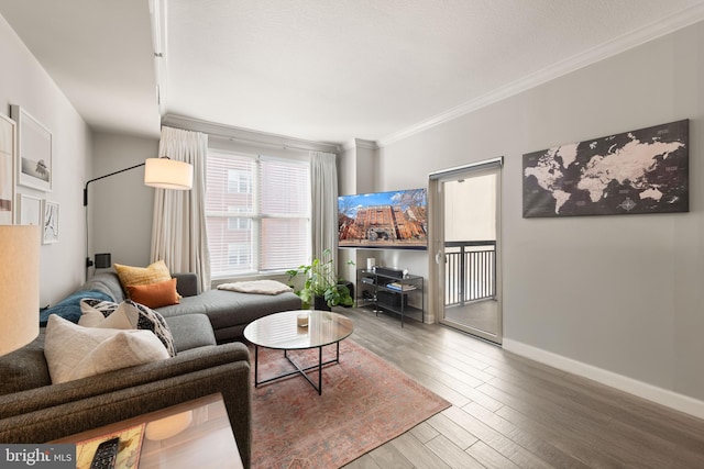 living room featuring ornamental molding and hardwood / wood-style floors