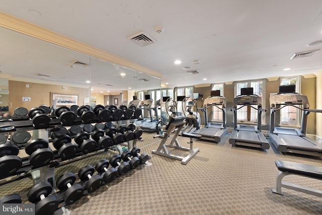 exercise room featuring crown molding and light carpet