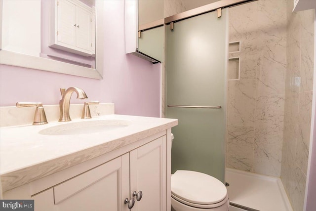 bathroom with vanity, an enclosed shower, and toilet