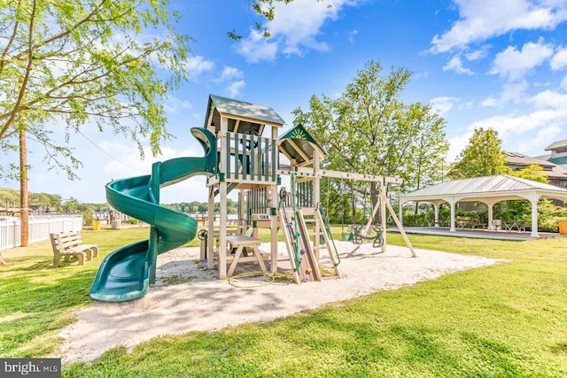 view of play area with a yard and a gazebo