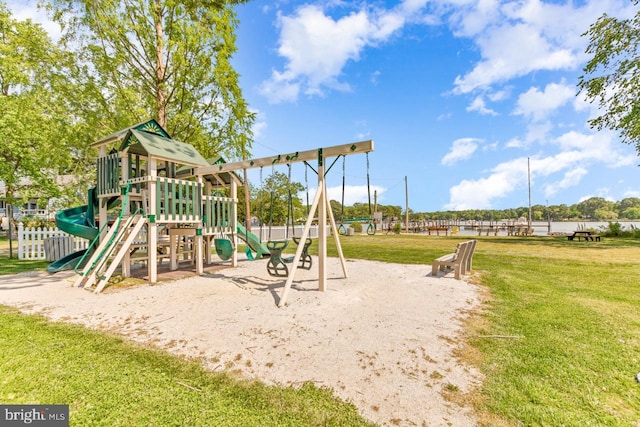 view of jungle gym featuring a yard