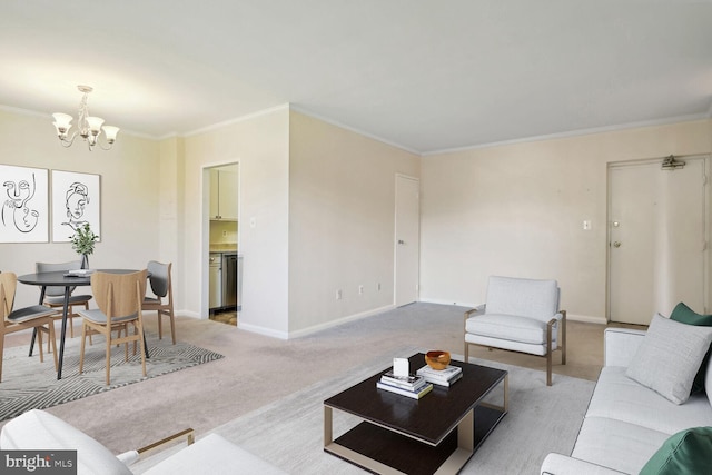 living room with an inviting chandelier, light colored carpet, and ornamental molding