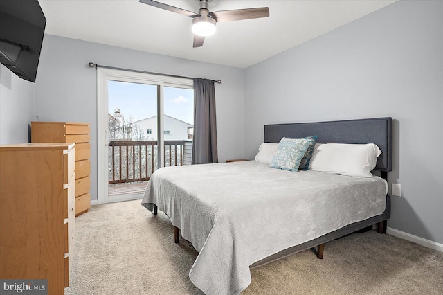 carpeted bedroom featuring access to outside and ceiling fan