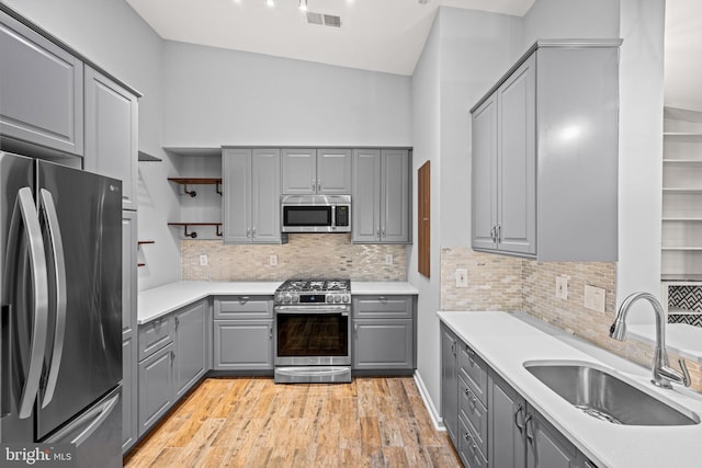 kitchen featuring sink, appliances with stainless steel finishes, gray cabinetry, and light hardwood / wood-style floors