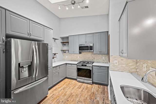 kitchen with appliances with stainless steel finishes, sink, light hardwood / wood-style flooring, gray cabinets, and decorative backsplash