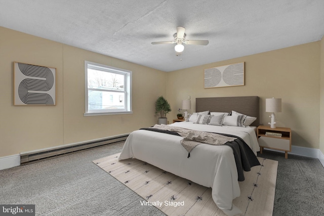 bedroom with ceiling fan, a baseboard radiator, a textured ceiling, and carpet