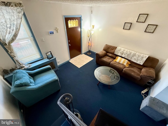 carpeted living room with a textured ceiling