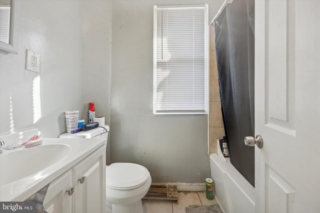 full bathroom with shower / bath combination with curtain, vanity, toilet, and tile patterned flooring