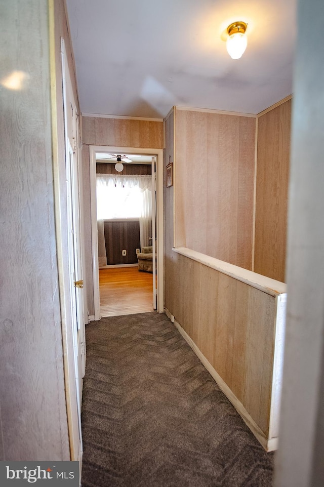 hall featuring dark carpet and wood walls