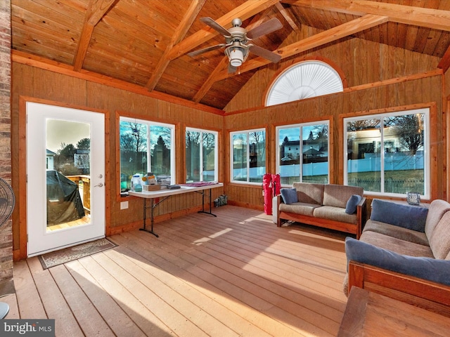 unfurnished sunroom with lofted ceiling with beams, ceiling fan, and wood ceiling