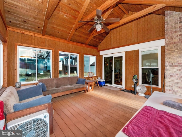 sunroom / solarium with lofted ceiling with beams, wooden ceiling, and ceiling fan