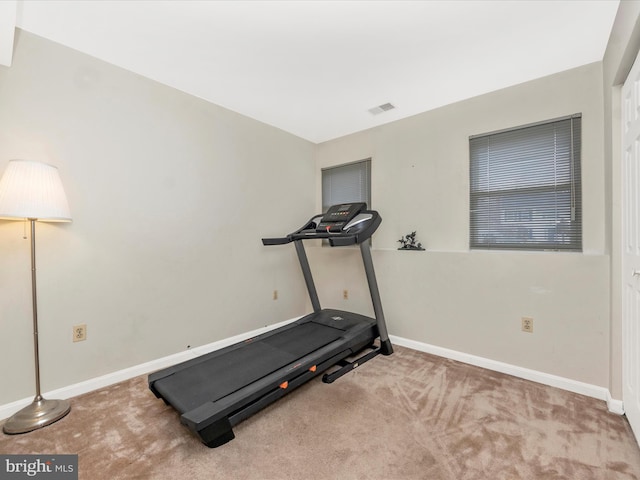 exercise room featuring light carpet