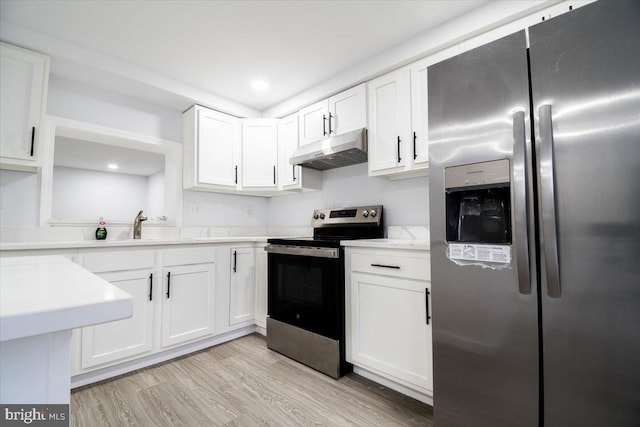 kitchen featuring white cabinetry, appliances with stainless steel finishes, sink, and light wood-type flooring