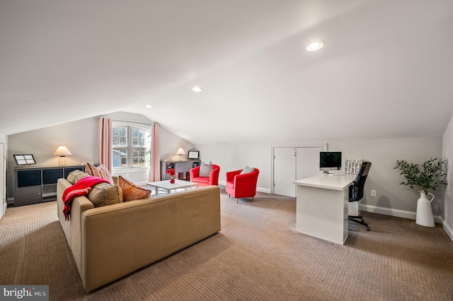 interior space with lofted ceiling, carpet, baseboards, and recessed lighting