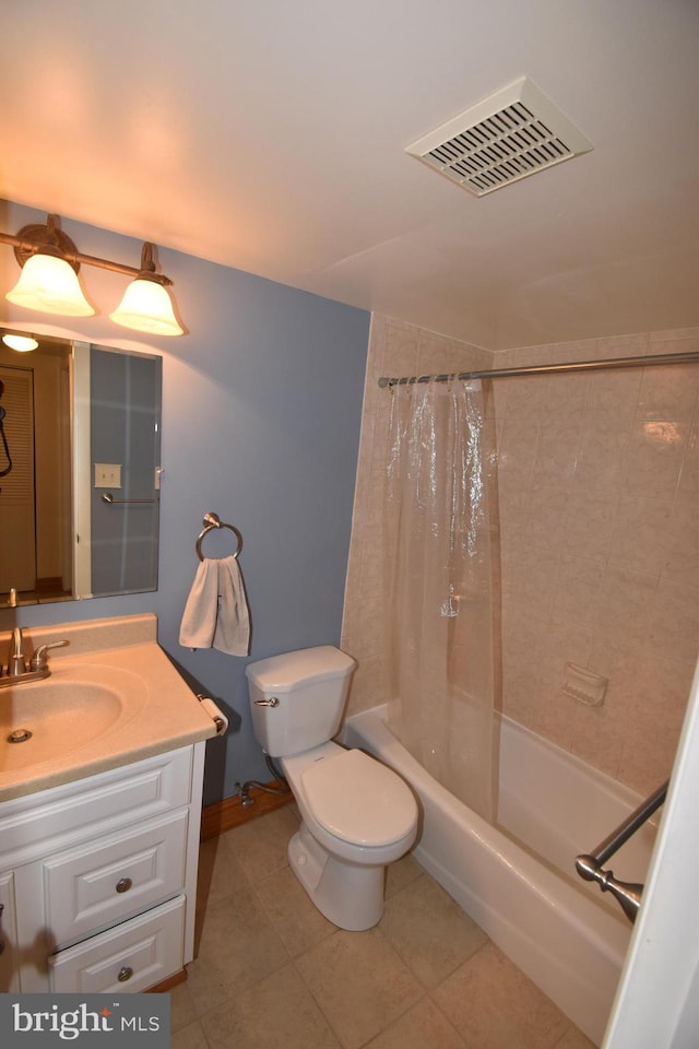 full bathroom with tile patterned flooring, vanity, shower / bath combination with curtain, and toilet