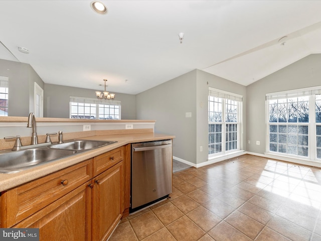 kitchen featuring dishwasher, plenty of natural light, sink, and decorative light fixtures