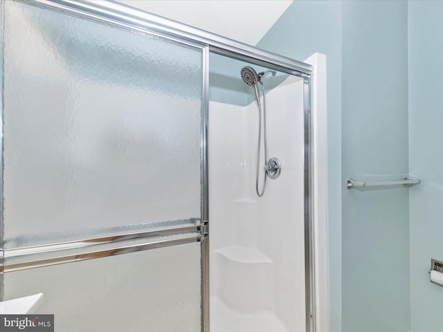 bathroom with a shower with shower door