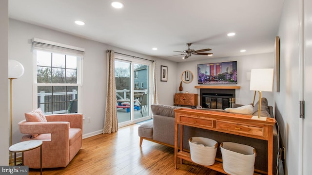 living room with ceiling fan and light wood-type flooring