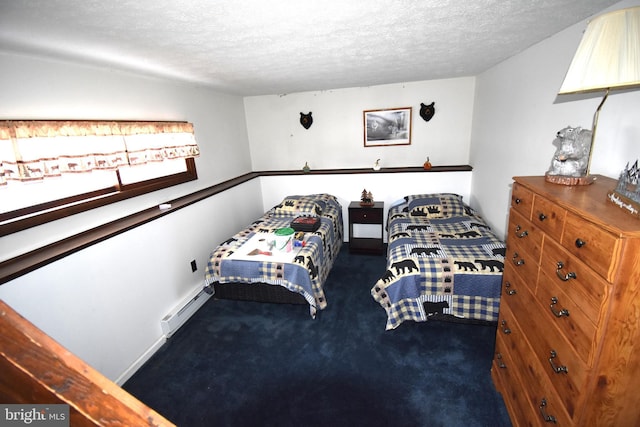 bedroom with a textured ceiling, dark carpet, a baseboard radiator, and baseboards