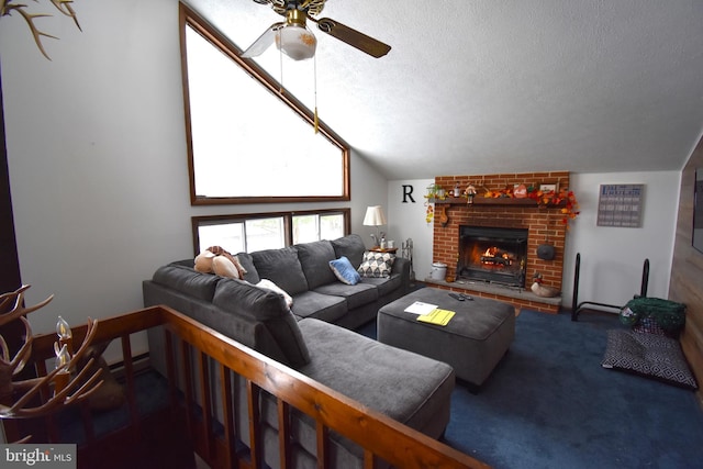 carpeted living room featuring a brick fireplace, a ceiling fan, vaulted ceiling, and a textured ceiling