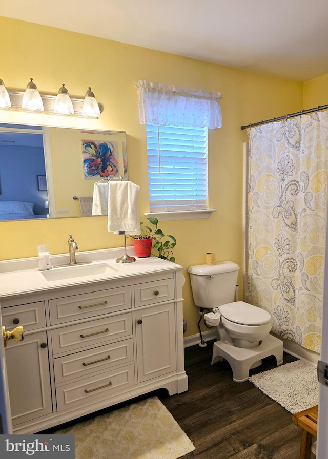 bathroom featuring vanity, hardwood / wood-style flooring, and toilet