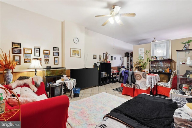 tiled bedroom with lofted ceiling