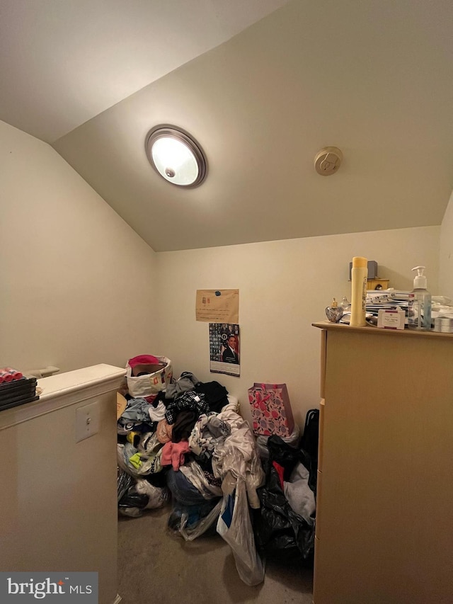 carpeted bedroom with vaulted ceiling