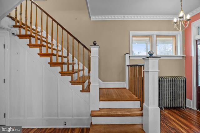 staircase featuring hardwood / wood-style flooring and radiator