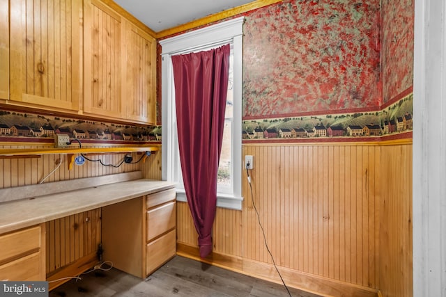 kitchen featuring dark hardwood / wood-style flooring and light brown cabinets