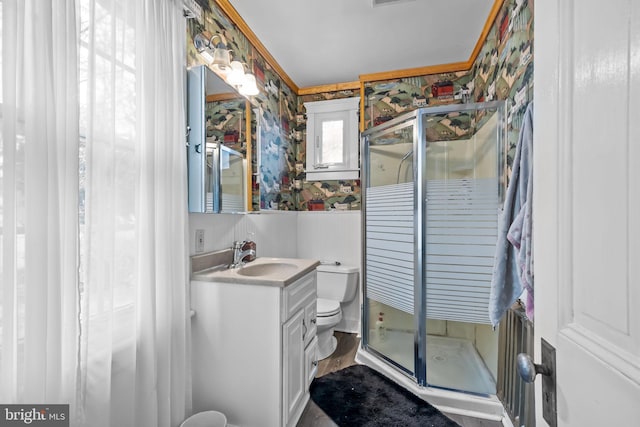 bathroom featuring vanity, toilet, and a shower with door