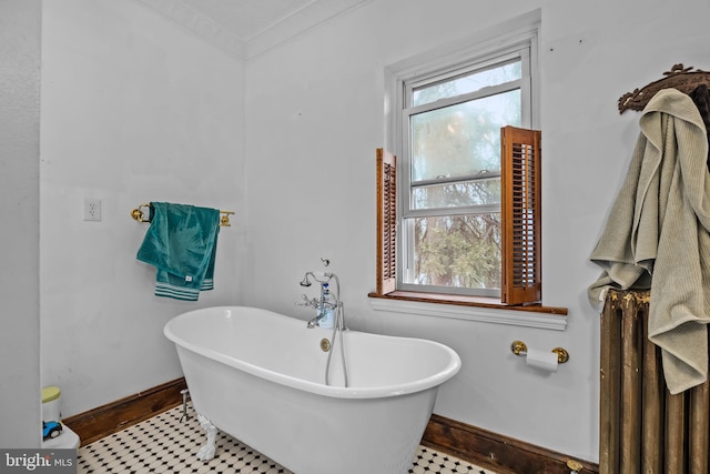 bathroom with a bath, crown molding, and plenty of natural light