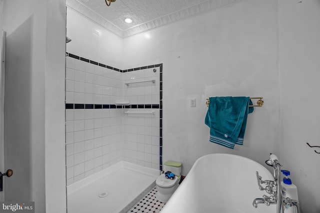 bathroom featuring crown molding and plus walk in shower