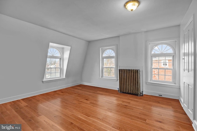 spare room featuring plenty of natural light, radiator, and light hardwood / wood-style floors