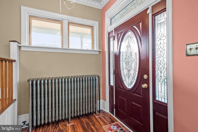 foyer entrance with radiator heating unit, ornamental molding, and dark hardwood / wood-style floors