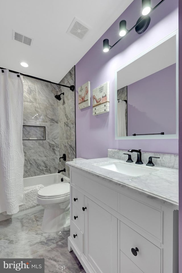 bathroom with toilet, marble finish floor, shower / bathtub combination with curtain, and visible vents