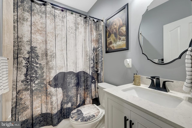 full bathroom with toilet, curtained shower, and vanity