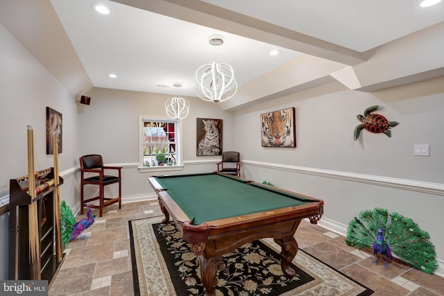 rec room featuring lofted ceiling, stone tile flooring, pool table, recessed lighting, and baseboards