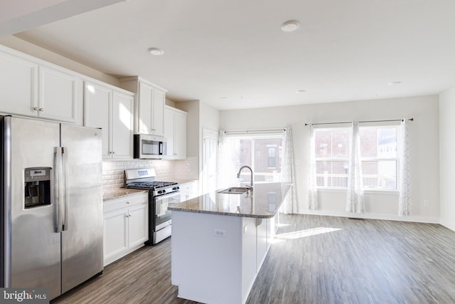 kitchen featuring white cabinetry, appliances with stainless steel finishes, sink, and a center island with sink