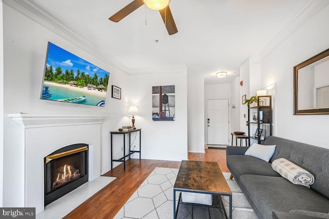 living area featuring a glass covered fireplace, crown molding, and wood finished floors