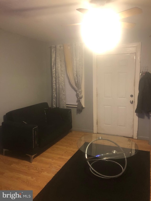 living room with hardwood / wood-style floors and ceiling fan