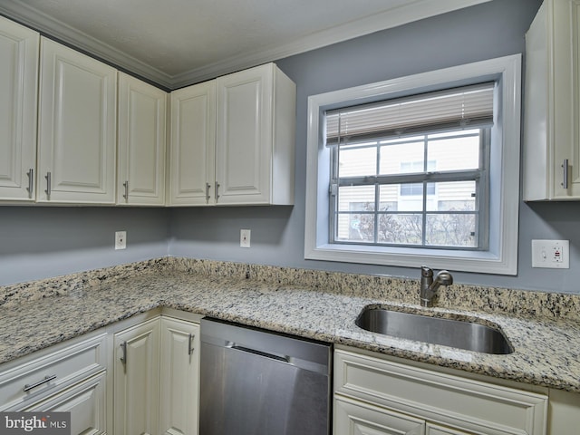 kitchen with sink, crown molding, white cabinetry, light stone counters, and stainless steel dishwasher