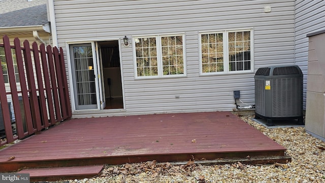 wooden deck with central air condition unit and fence