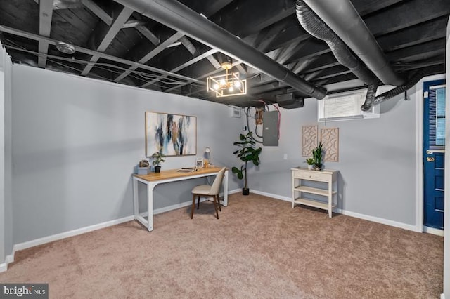 below grade area featuring carpet flooring, electric panel, and baseboards